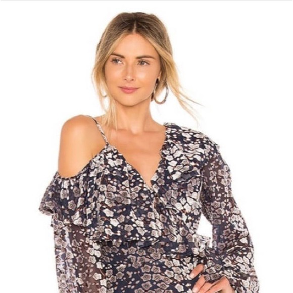 NWT Chrissy Teigen X Revolve Mini Dress Navy Katsuya Velvet Wrap Floral Ruffle S - Picture 7 of 8